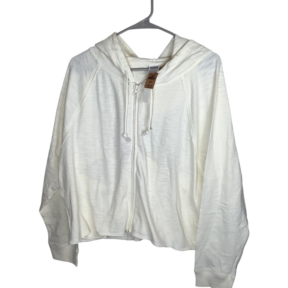 Victoria's Secret PINK Womens XL Cream Slub Knit Full Zip Cropped Hoodie NWT